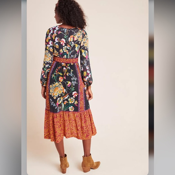 Anthropologie Floral Patchwork Velvet Trim Midi Dress Size 16 Boho Modest - Picture 3 of 16